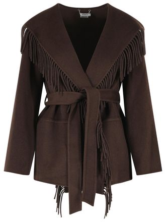 SIMKHAI Brown Wool Blend Jacket with Fringed D&eacute;cor and Belted Waist