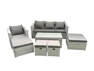 Fimous Rattan Garden Furniture Set Outdoor Lounger Sofa with Coffee Table 4 Footstools Light Grey Mixed