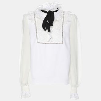 Self Portrait White Stretch Crepe Tie Neck Top XS