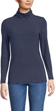 Lands End Lightweight Jersey Skimming Long Sleeve Turtleneck in Deep Sea Navy Thin Stripe at Nordstrom, Size X-Large P