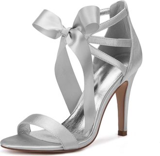 Generic Wedding Bridal Shoes Women Peep Toe High Heels Sandals Wedding Stain Evening Dress Stiletto Shoes 10.5Cm,Silver,4 UK