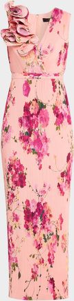 Aidan Mattox Pleated Floral-Print Crepe De Chine Gown