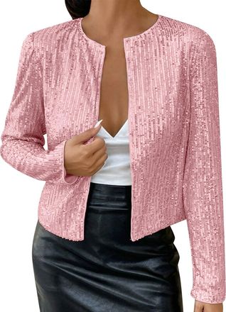Generic Womens Sequin Glitter Sparkly Jacket Open Front Flight Jacket Party Clubwear Plus Size Thermals (Pink, XXXL)