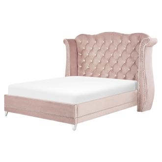 Beliani Cama Con Somier De Terciopelo Rosa Pastel 180 X 200 Cm Listones Cabecero Capiton&eacute; Ayette
