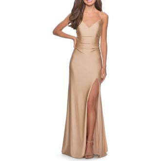 La Femme Long Homecoming Dress with Slit and Criss Cross Back in Nude at Nordstrom, Size 10