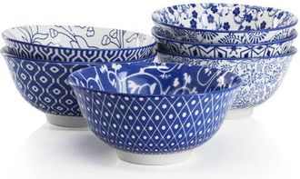 Elama Moxy 6 Piece Assorted Design 20oz Porcelain Footed Bowl Set in Blue at Nordstrom