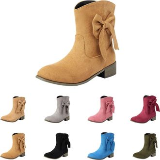 Generic Womens Cowboy Boots Bow Knot Low Block Heel Ankle Boots Pointed Toe Slip On Riding Shoes Ladies Wide Calf Cute Faux Suede Boot Retro Classic Dress Boo