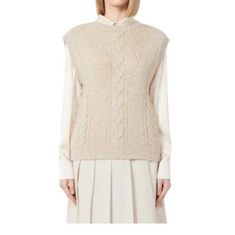 Max Mara Alpaca en Lurex Gilet - Dames - Ronde hals truien - Beige - L - Truien & Vesten
