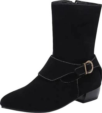 Generic Womens Leisure Mid Calf Boots Pointed Toe Low Block Heel Slip On With Platform And Decorative Belt Buckle