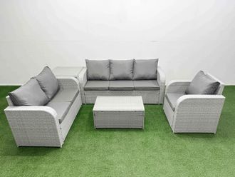 Fimous Patio PE Wicker 6 Seater Outdoor Rattan Furniture Sofa Sets w/ Rectangular Coffee Table Reclining Chair Loveseat Sofa 3 Seater Sofa Side Table