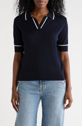 T Tahari Tipped Johnny Collar Polo Sweater in Forever Navy/White at Nordstrom Rack, Size Medium