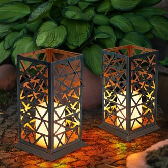 Globo Lighting Lanterna solare effetto fuoco Candela led Lampada solare Lampada solare Lampada da esterno, metallo verde ruggine, LxPxA 14x14x37 cm, set da 2