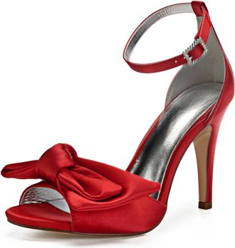 Generic Bridal Shoes Womens Bow Tie High Heels Peep Toe Sandals Sexy Stiletto Wedding Shoes Satin Prom Party Dress Pumps 10.5Cm,red,6 UK
