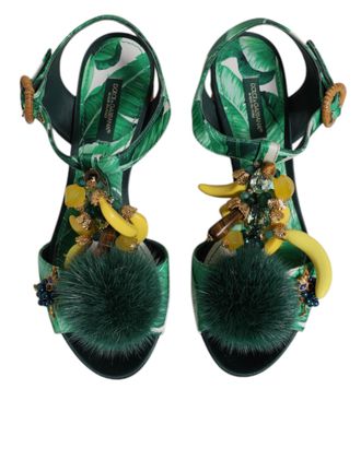 Dolce & Gabbana Womens Green Crystal Fur Embellished Sandals Shoes Silk Hay Mink