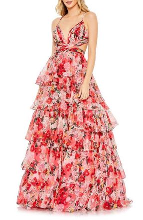 Mac Duggal Floral Printed Chiffon Ruffle Tiered Cut Out Ballgown in Pink Multi at Nordstrom, Size 10