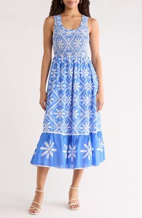 Sugarlips Alexie Floral Jersey Smocked Midi Sundress in Blue-White-Multi at Nordstrom, Size X-Large