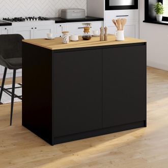 IDMarket Cesar 110 Cm Isla Central Con Estante Rectangular Extra&iacute;ble En Madera Negra Y Aspecto De Haya