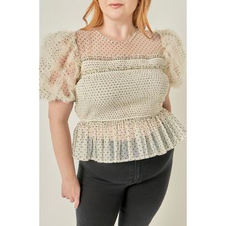English Factory Polka Dot Smocked Puff Sleeve Top in White/black at Nordstrom, Size 3X
