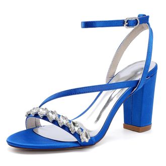 Generic Wedding Bridal Shoes Womens Heels Sandals Open Toe Fashion Chunky Heels Sandals Party Wedding Dress Shoe 8.5Cm,Royal Blue,10 UK