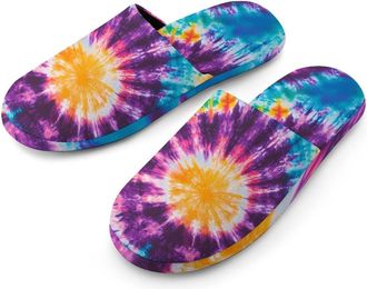 Generic Tie-dye Pattern Mens Slippers Flannel Warm House Shoes with Rubber Anti-Slip Sole Slip On for Home Outdoor