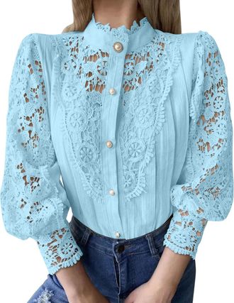 Generic Women Tops Elegant Lace Shirts Solid Color Stand Collar Dressy Casual Blouse Button Down Tunic Shirts Fall Long Sleeve Tops Business Work Blouses Fash