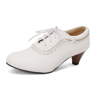 Generic Womens Mid Block Heel Dress Shoes Round Toe PU Leather Oxford & Derby Shoe Lace Up Casual Shoes,White,10.5 UK