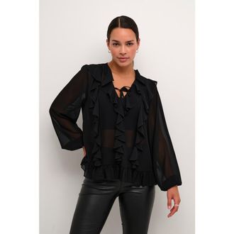 Kaffe Kaninna V-Neck Ruffles Chiffon Blouse in Black Deep at Nordstrom, Size 10