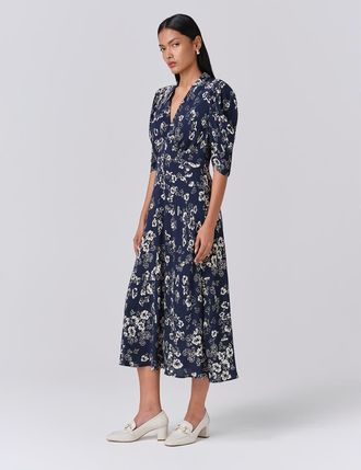 Ghost London Mia Crepe Floral Midi Tea Dress in Navy Floral at Nordstrom, Size 4