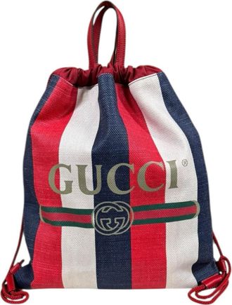 Gucci Blue Red Color White Canvas Leather Backpack (Pre-Owned)
