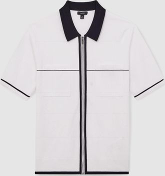 Reiss White & navy & blue Compact-knit Tipped Zip-through Shirt, Xxl