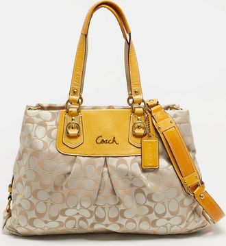 Coach Ashley Mustard/beige Signature Fabric And Patent Leather Shoulder Bag