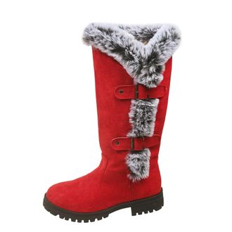 Generic Womens Thick Plush Mid-Calf Snow Boots, Round Top Warm Faux Suede Boots with Buckle, Fur Trim Slip On Walking Shoes for Winter (Red,6.5)