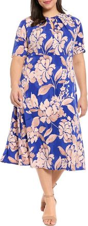 London Times Floral Print Keyhole Midi Dress in Navy/Tan at Nordstrom Rack, Size 18W