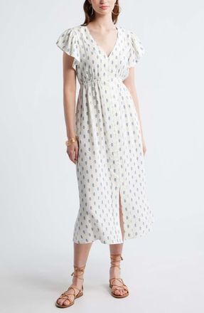 Treasure & Bond Short Sleeve Button Down Linen Blend Midi Dress in Ivory- Blue Foulard Float at Nordstrom, Size Xx-Small