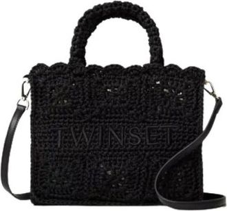 Twinset Bohemian Gehaakte Schoudertas met Afneembare Band - Dames - Handtassen - Zwart - ONE Size - Katoen - Tassen