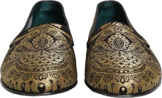 Dolce & Gabbana Mens Gold Jacquard Leather Slip On Loafers Shoes