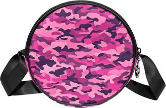 Generic Circle Crossbody Bag for Women, Pink Camouflage Small Sling Bag Daypack with Zipper Adjustable Shoulder Straps Casual Ladies Girls Round Purse