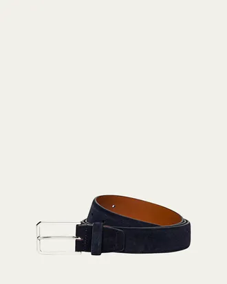 Santoni Mens Rectangle-Buckle Hand-Burnished Suede Belt