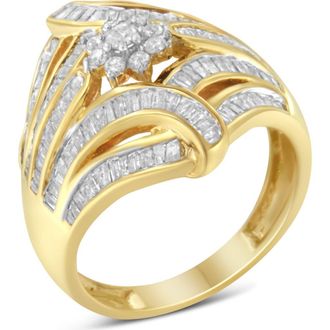 House of Brilliance Gold Over Silver 1-1/8 Ctw Diamond Flower & Fern Cocktail Ring in Yellow Gold Over Silver at Nordstrom, Size 6