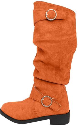 Generic Womens Cowboy Boots Low Heel Poitted Toe Pull On Suede Faux Fur with Belt Buckle Wrinkled Knee High Boots Ladies Fashion Comfortable Fall Winter Slouc