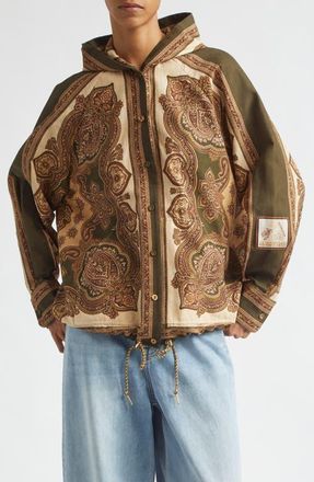 Zimmermann Mahon Paisley Print Hooded Button-Up Shirt in Olive Paisley at Nordstrom, Size 4