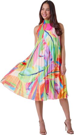 Roman Womens Petite Tropical Halter Neck Pleated Dress - Orange - Size 12 UK