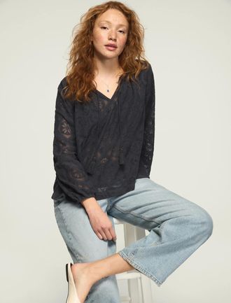 Lucky Brand Womens Long Sleeve Lace Peasant Top