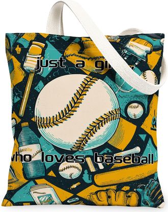 Generic Baseball Canvas Tote Bags, Sporty Graphic Print Reusable Grocery Bags, Summer Vintage Lightweight Washable Shoulder Strap F, Multicolor, 13x15 Inch