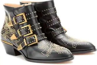 Chlo&eacute; Black Leather Susanna Gold-Tone Studded Ankle Boots Size 37