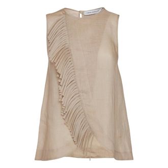 Simona Corsellini Sleeveless Tops, female, Beige, Size: L Top incrociato con frangia in organza semitrasparente