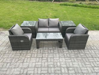 Fimous Rattan Lounge Sofa Set Outdoor Garden Furniture Set with Rectangular Coffee Table Love Sofa 2 Side Tables in Dark Grey