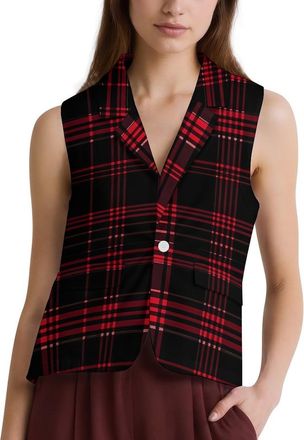 Generic Buffalo Scottish Tartan Plaid Checkered Red Womens Waistcoat Laplel Sleeveless Stylish Suit Vest for Formal Casual Wear XL