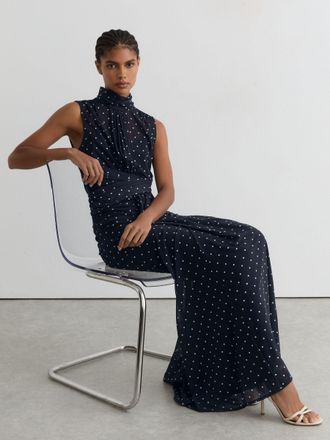 Reiss Stacey Polka-dot Print Sleeveless Maxi Dress, 14, Navy & cream