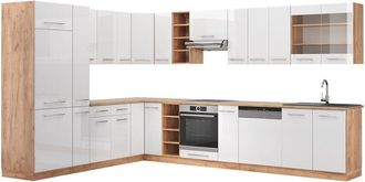 Vicco Cocina Esquinera Fame-line, Blanco Brillo Intenso/roble Dorado, 347 X 257 Cm, Et Roble